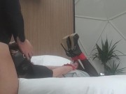 Milf in pantyhose and high heels, tied, blindfolded, gagged and fucked in every hole