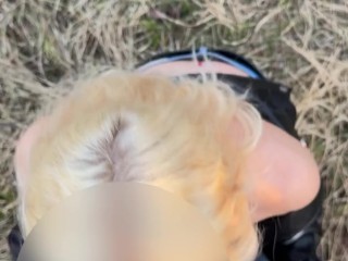 Hot blonde with natural tits gave a blowjob right on the street