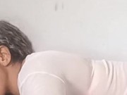 The cuckold was traveling and my lover came here and showered me with cum all over my hair without a 2/16