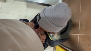 Cheating wife begs for creampie during sneaky hookup in public washroom