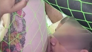 Punk girl sucks cock, gets titty fucked, then her fishnets get ripped open & she gets creampied