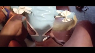 Milf blowjob POV with my wife beautiful body covered only by pantyhose and heels, mask with pigtails