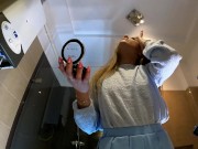 Hot Skinny Long Hair Blonde Wife has a new Blue Super Short Miniskirt and under it she has white cot 10/16