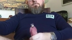 Stroking my fat hairy cut cock with PA piercing and hairy legs wide open