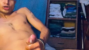 Excited boy masturbates his big, hard penis