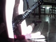 Milf in leather catsuit and boots over the knee, throated, fucked, cum on tits