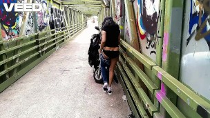 NYC SOLO FEMALE NEW YORK CITY BIKE TRAIL PUBLIC COSPLAY BLACK DRESS OUTSIDE