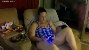 Filming Step Mom With Her See Through Panties and Pussy Lips Poking Out, While She Is Playing Games