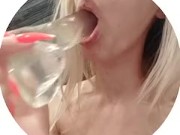 Young slut fucks mouth with dildo, drooling hard, soaking wet 4/16