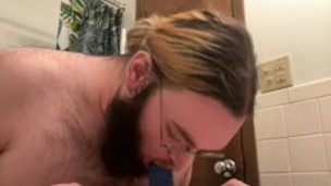 chubby bear riding a dildo in the bathroom