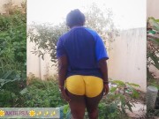 African gardener AKIILISA checking out the fruits of the season/lover's Tshirt and tiny booty short/ 1/16