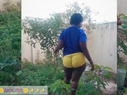 African gardener AKIILISA checking out the fruits of the season/lover's Tshirt and tiny booty short/ 10/16