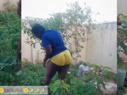 African gardener AKIILISA checking out the fruits of the season/lover's Tshirt and tiny booty short/ 11/16