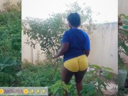 African gardener AKIILISA checking out the fruits of the season/lover's Tshirt and tiny booty short/ 3/16