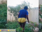 African gardener AKIILISA checking out the fruits of the season/lover's Tshirt and tiny booty short/ 7/16