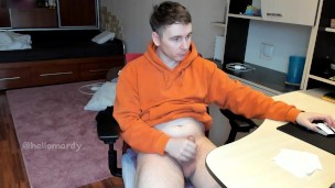 Stud Guy Watches Porn and Jerking Uncut Hot Cock