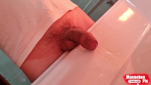 Fat uncut cock long pissing in the washbasin