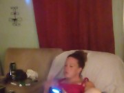 Thick white girl with long brunette hair and hazel eyes teasing in her panties playing video games 10/16