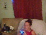 Thick white girl with long brunette hair and hazel eyes teasing in her panties playing video games 15/16