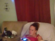 Thick white girl with long brunette hair and hazel eyes teasing in her panties playing video games 16/16