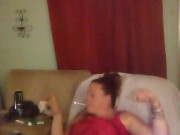 Thick white girl with long brunette hair and hazel eyes teasing in her panties playing video games 6/16