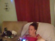 Thick white girl with long brunette hair and hazel eyes teasing in her panties playing video games 8/16