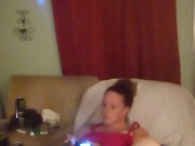 Thick white girl with long brunette hair and hazel eyes teasing in her panties playing video games 9/16