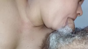 hard punch in the cuckold's hard cock, he fucks the whore's wet throat