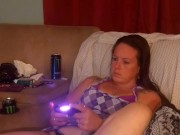 I lift up my micro minidress and show off my panties and spread my legs on couch while playing games 10/16