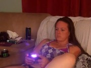 I lift up my micro minidress and show off my panties and spread my legs on couch 1/16