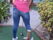 Small petite girl playing golf and not doing good at it 11/16