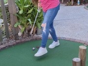 Small petite girl playing golf and not doing good at it 13/16