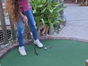 Small petite girl playing golf and not doing good at it 15/16