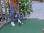 Small petite girl playing golf and not doing good at it 16/16