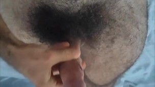 hairy man with big dick and legs have fun and show feet