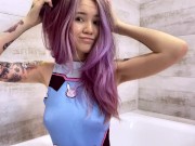 Baby girl washes her small tits