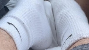 Public Footjob in the car by stepdad smelly stinky feet socks Exhibitionist bare feet barefoot twink