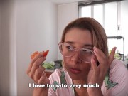 The maid fucks the vegetables. She cums in the kitchen. 2/16