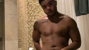 Naughty trans man plays with clit in hotel pool public shower