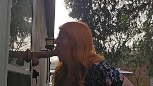 Redhead Hitachis and Deepthroats Outdoors in Public and Tries NOT to get caught