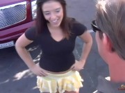 Porsha is brunette with small tits who is givving her all in a moving car. 1/16