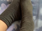 Caresses of my long legs in grey socks 12/16