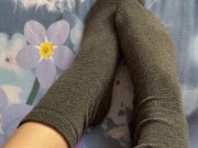 Caresses of my long legs in grey socks 2/16