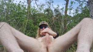 Showing off cock and bare feet on a nude hike in the woods