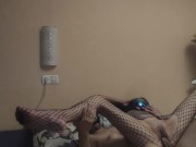 Skinny cowgirl in fishnet bodysuit takes deep dick with both holes 12/16