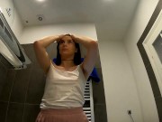 Braless hot brunette skinny and horny babe in a pink mini skirt to show her beautiful ass and legs 10/16