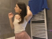 Braless hot brunette skinny and horny babe in a pink mini skirt to show her beautiful ass and legs 5/16