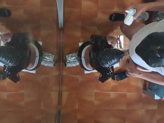 Milf in sexy clothes, stockings and high heels fucked in the mouth and doggy style with repeated org