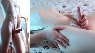 Femboy in Micro Bikini Edges Big Cock and Shoots Cum