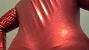 RED CATSUIT SISSY SITS ON THICK COCK